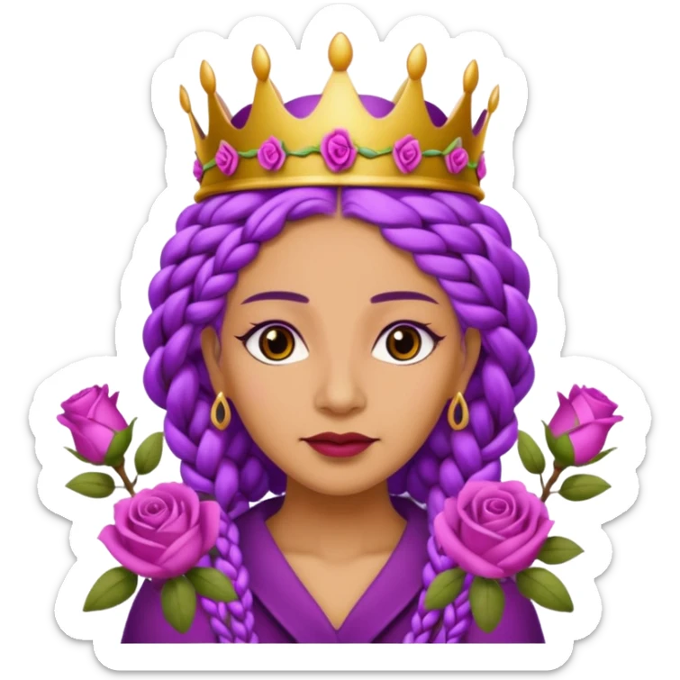 Crown Olive skin older queen with purple braids, brown eyes surrounded by roses sticker