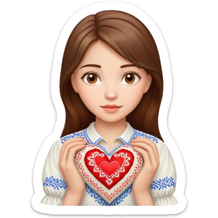 Beautiful young girl with brown hair in a white Ukrainian embroidered shirt holding a large embroidered heart sticker