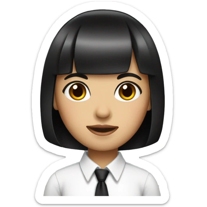 A girl with a bob black hair with bang wearing white shirt with a black tie sticker