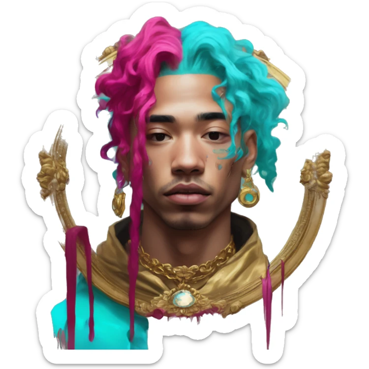 Vintage painting swirls gold jewellery baroque raven wings angel tropical Deep pink maroon burgundy cyan dark hoodie man vitiligo dyed hair gold piercings nose piercing ear piercings sticker