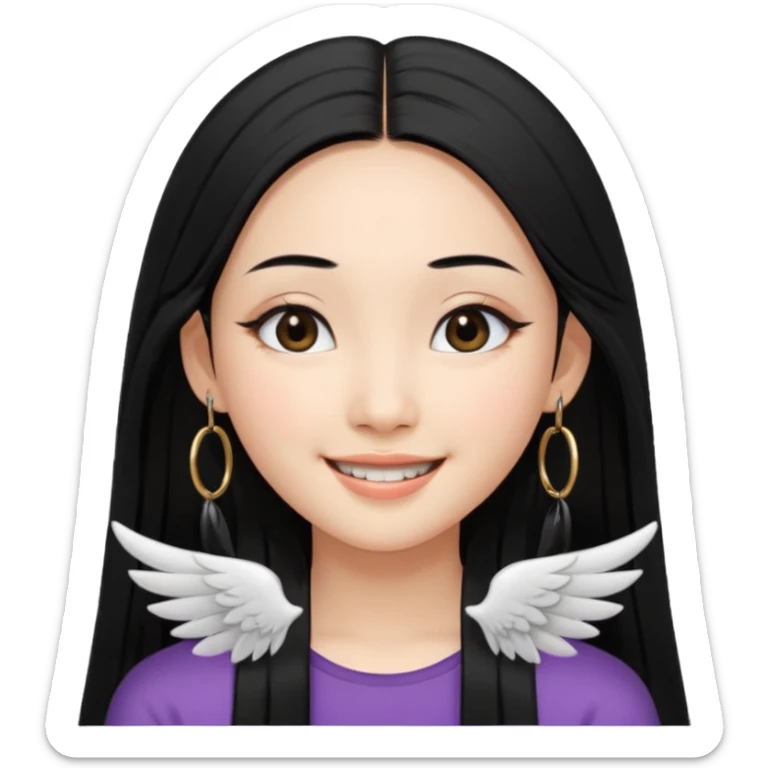 A Asian girl with fare skin and hoop earrings, long straight black hair with black eyes, smiling with a open wings eyeliner sticker