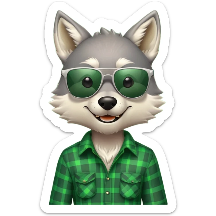 friendly anthropomorphised wolf in green plaid shirt and green attire for St. Patrick's Day, wearing dark sunglasses, festive pose sticker