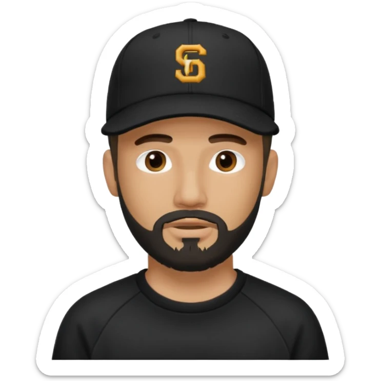 Hombre con la cara oculta, con barba fina y perilla, gorra negra de baseball bordada con un 08, y sudadera negra sticker