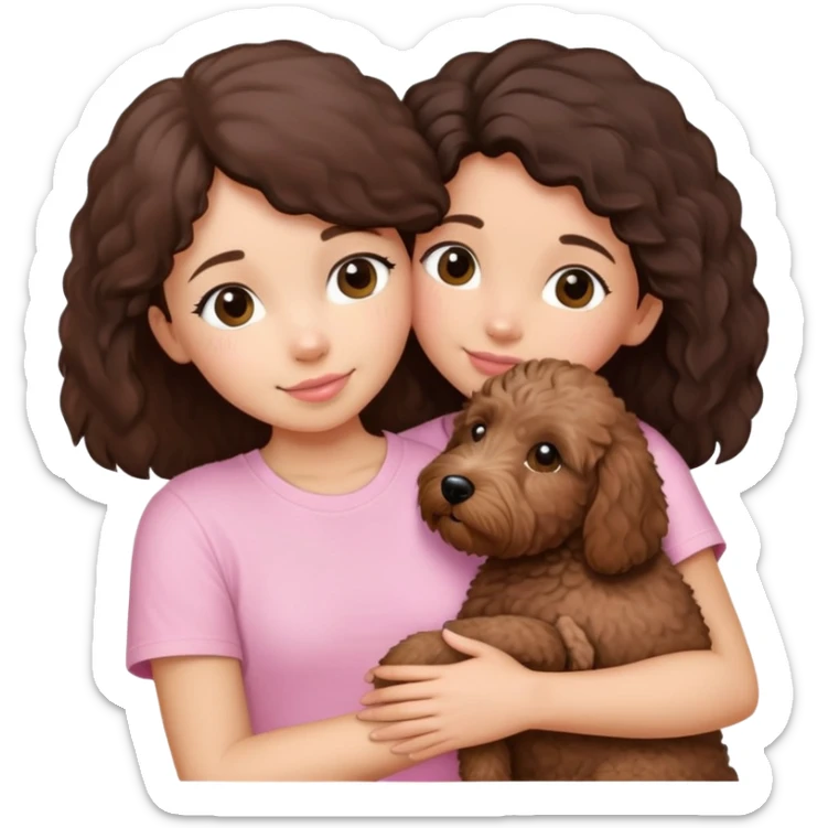 One girl with medium long dark brown hair dressing baby pink T-shirt, hugging One little brown coated labradoodle. sticker