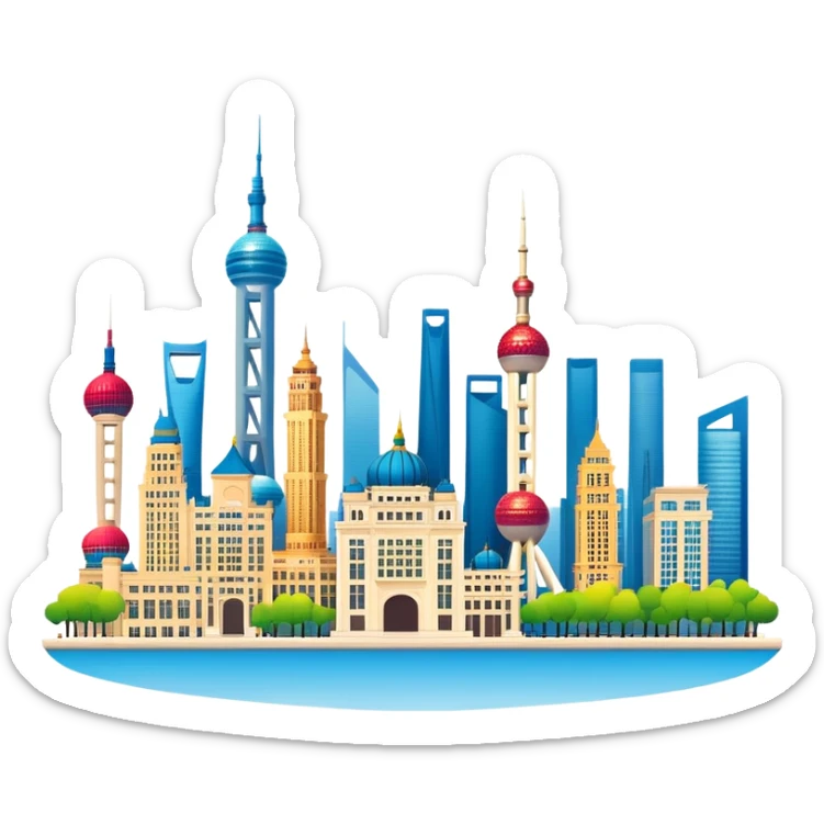 Shanghai The Bund skyline, simplified emoji style with bold outlines and bright colors, cartoon style modern buildings and Oriental Pearl Tower sticker
