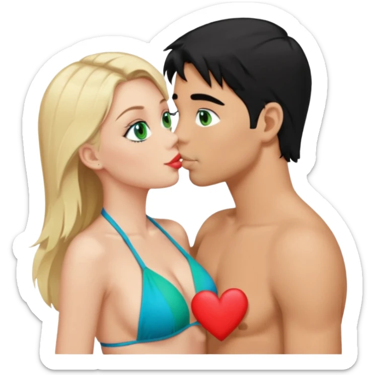 Blonde Queen with crown Green eyes blue Bikini whole body Kissing man black Hair Hearts sticker