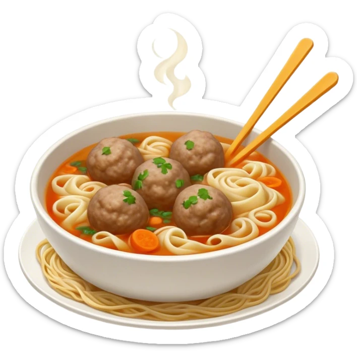 Cinematic Realistic Bakso Dish Emoji, showcasing savory meatball soup with noodles rendered with detailed textures and warm, inviting lighting. sticker