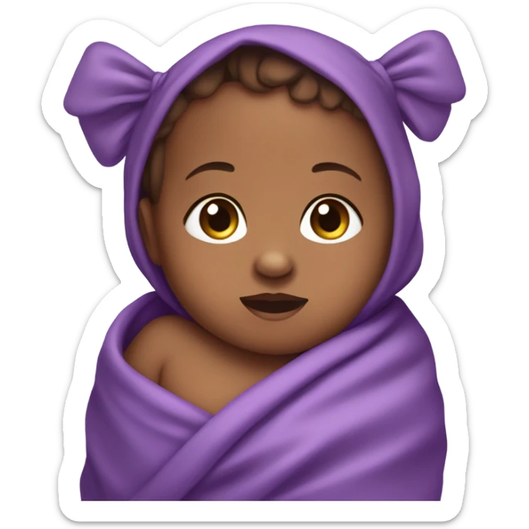 Brownskin baby in a purple swaddle with a matching bow on their head sticker