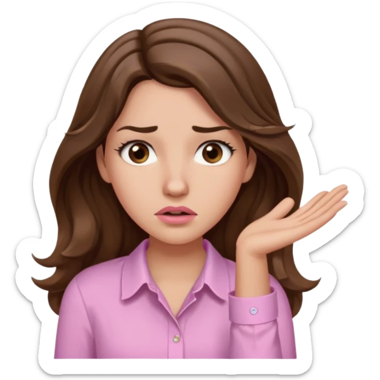girl with wavy long brown hair, brown eyes, light to medium complexion, long lashes, light pink lipstick, wearing light pink shirt, shrugging with both hands, confused sticker