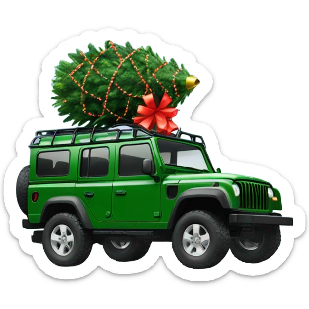 Green Grenadier or defender jeep with Christmas tree on the roof with Christmas lights  sticker