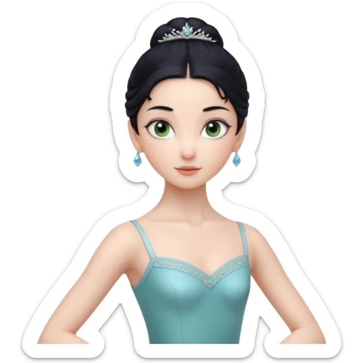 Cinematic Realistic ballerina Medium Blue Portrait, depicted with lifelike skin texture, subtle rosy undertones, and soft natural lighting that enhances the gentle contours of her face. Her intricately detailed sweet black hair is elegantly styled, green eyes sticker