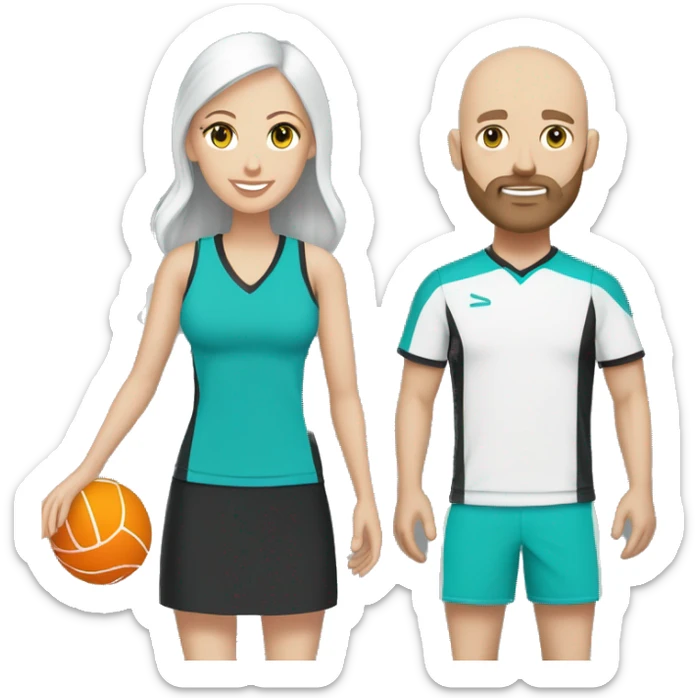 White couple in pickleball black and white clothes. Male bald= beard, white, bald, aqua eyes. Female = long light brown hair, aqua eyes.  sticker