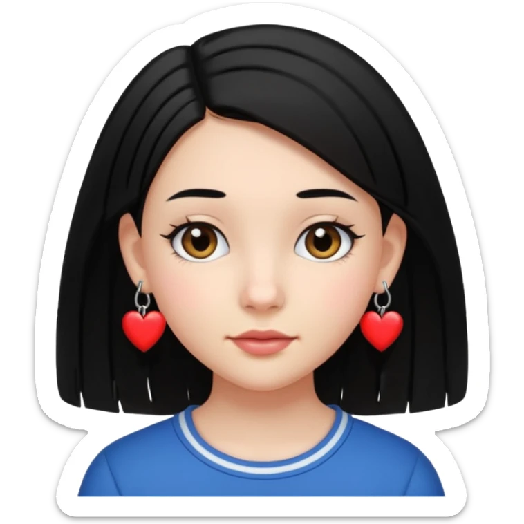 create an i phone emoji of a young 8th grade school girl, with fair skin, heart shape face, has medium length straight black hair and with hoops earrings. sticker