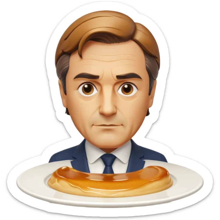 bust of François Fillon sculpted from flan, smooth creamy flan skin, glossy translucent caramel hair dripping, on a white round plate sticker