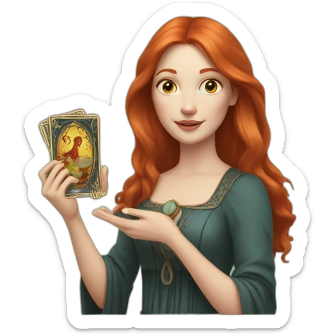 redhead white woman medium long straight hair, holding a tarot card in her hand sticker