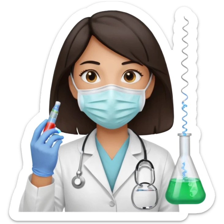 medica con guantes  y mascarilla e insumos laboratorio reactivo jerigan tubos  pelo negro largo triguella sin testoscopio sticker