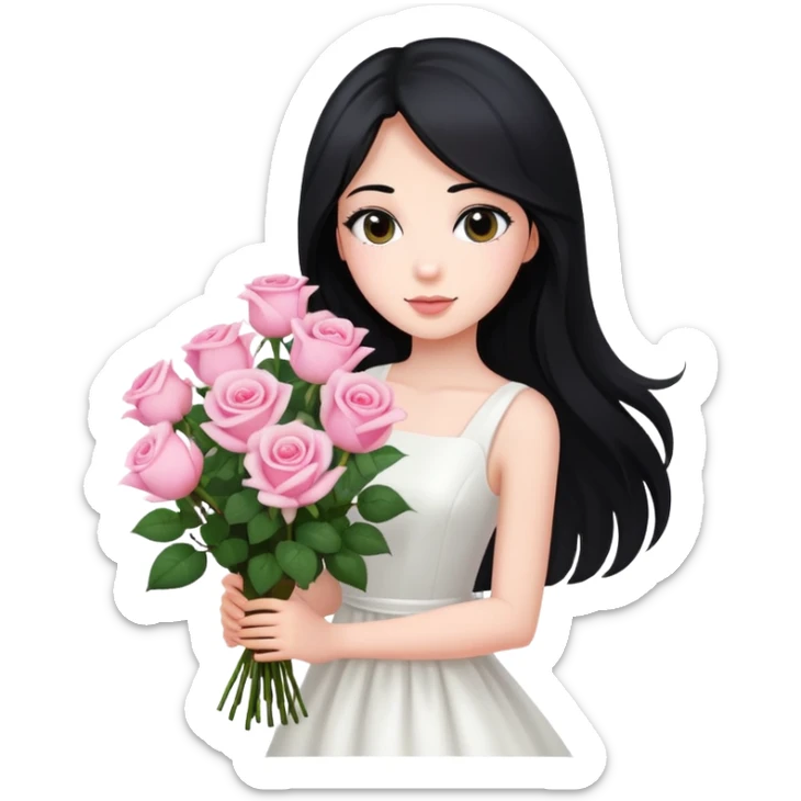 A beautiful girl with long black hair and a white dress is holding a bouquet of pink roses sticker
