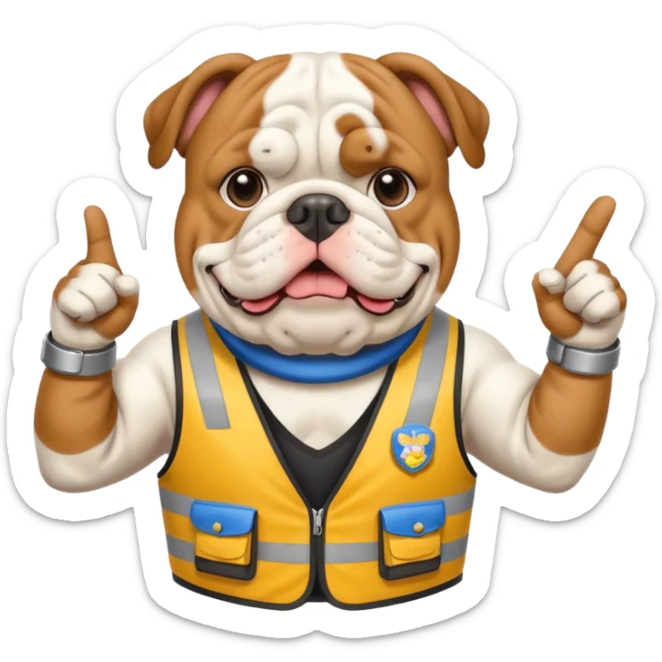 english bulldog pointing at a landmark, wearing a tour guide vest sticker