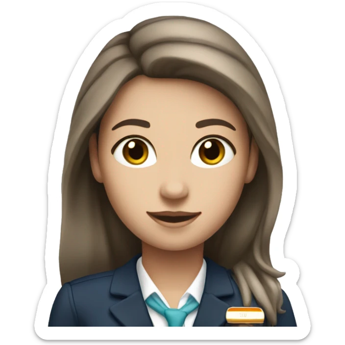 Flight attendant with long brown hair and white skin and an airline scarf sticker