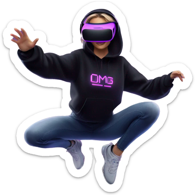 Russian girl wearing black hoody with violet letters "OMG", in vr headset oculus quest2. jumping. Cyberpunk style. Violet neon. sticker