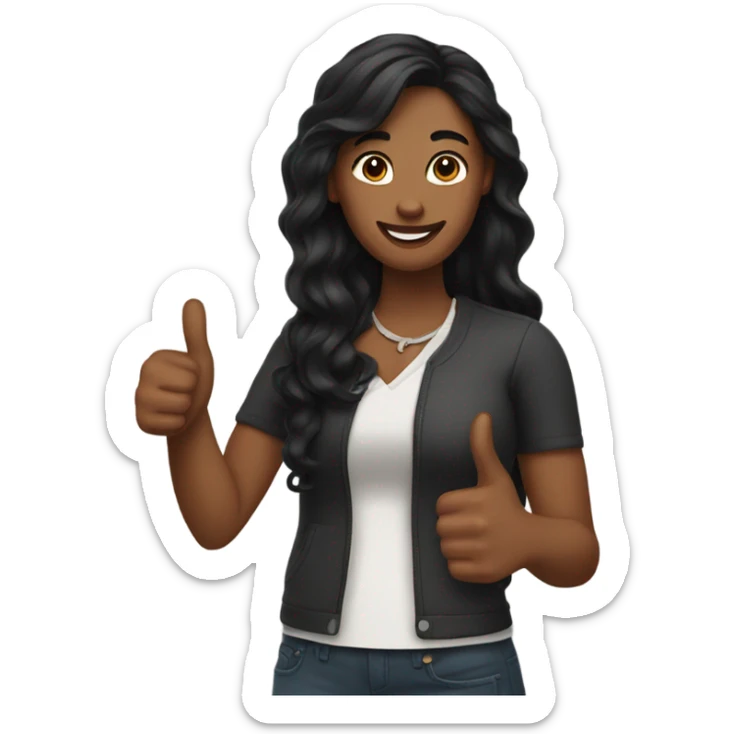 Woman, brown skin, long black hair, wavy hair, thumbs up sticker