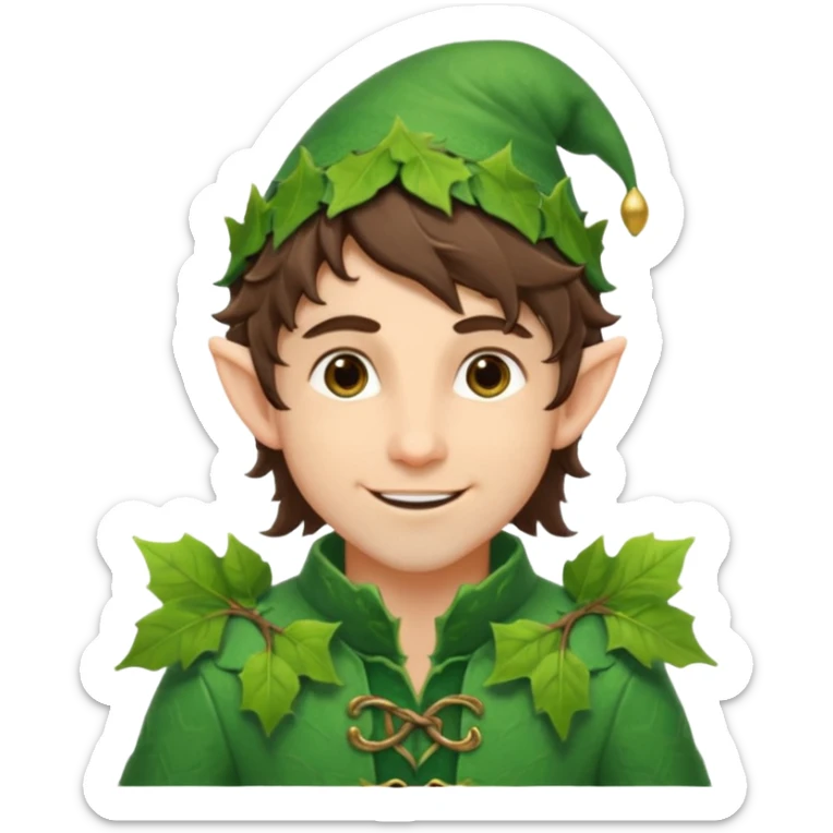 handsome elf with messy brunette hair wearing a leafy outfit and smile confidently sticker
