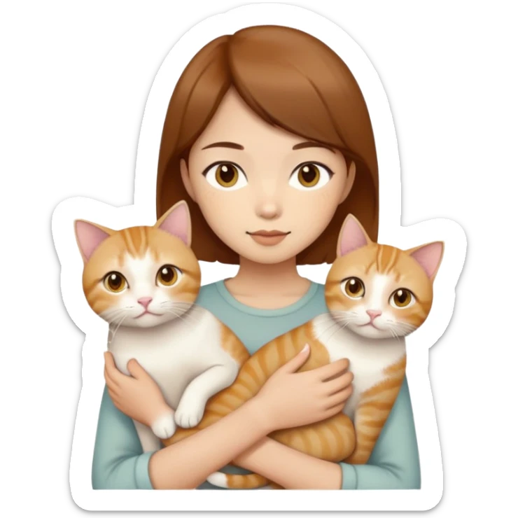 Asian girl, brown hair, brown eyes skin tone beige holding three cats one ginger, one yellow white one British short hair and cream colour sticker