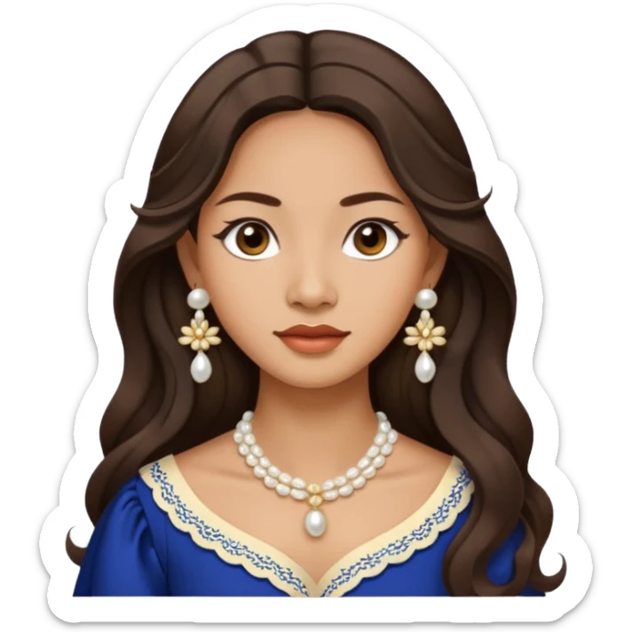 Tan Filipino woman with dark brown eyes and long dark wavy hair parted in the middle wearing a traditional filipiniana and white pearl stud earrings and no other jewelry sticker