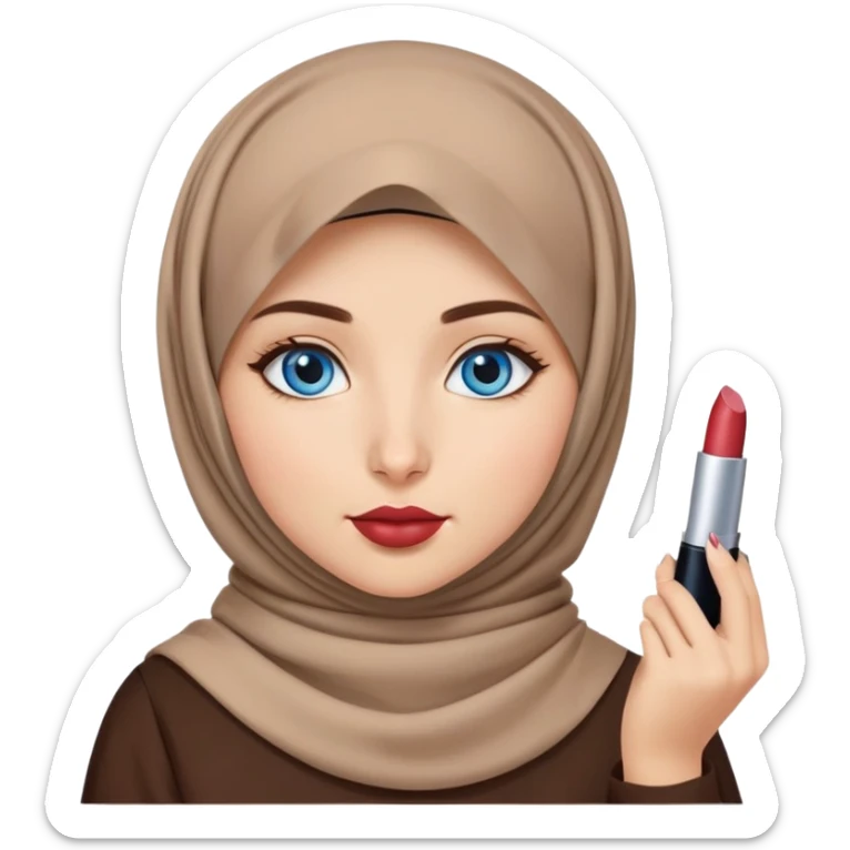 Turkish beautiful finish Konya girl blue eyes with brown beige hijab islamic dress and had on her hand lipstick sticker