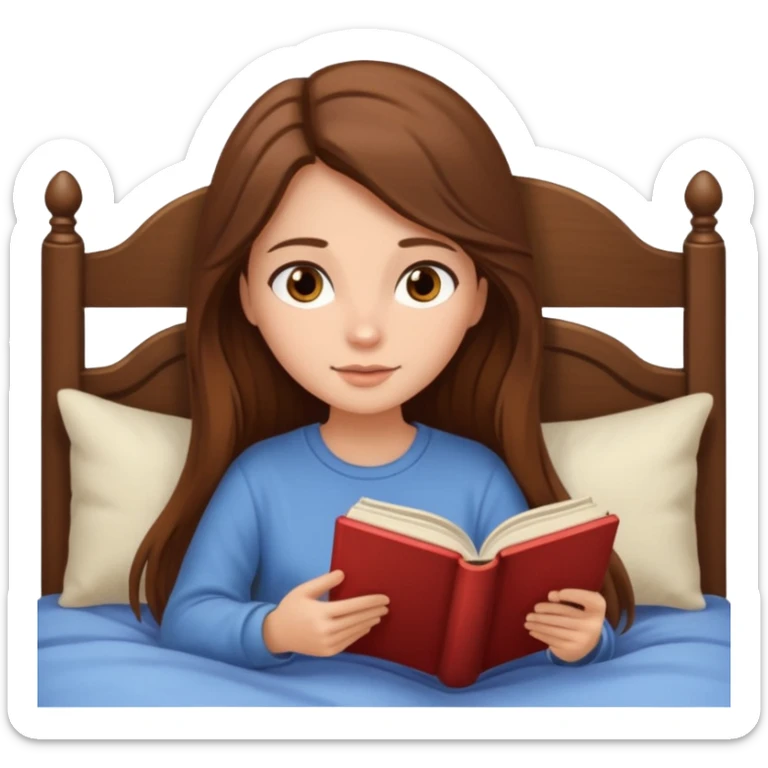 Cozy girl with long brown hair and brown eyes reading in bed sticker
