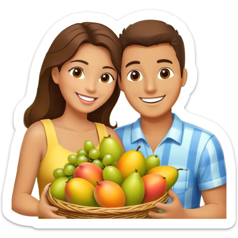 A happy couple (man and woman) sitting together, enjoying fresh fruits from a basket. The basket is filled with mangoes, grapes, oranges, and a pineapple. The couple is smiling and eating fruit, creating a warm and joyful atmosphere. The scene is colorful and vibrant, representing freshness and nature sticker