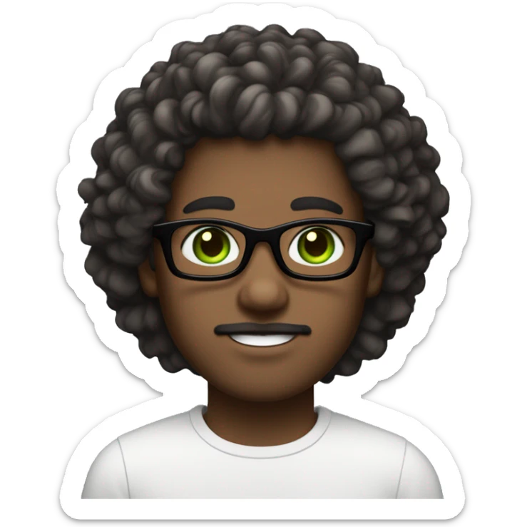 Guy with green eyes and black specs, white skin curly hair, small goate below the lips. Hair colour is dark brown, fade hairstyle - is designing sticker