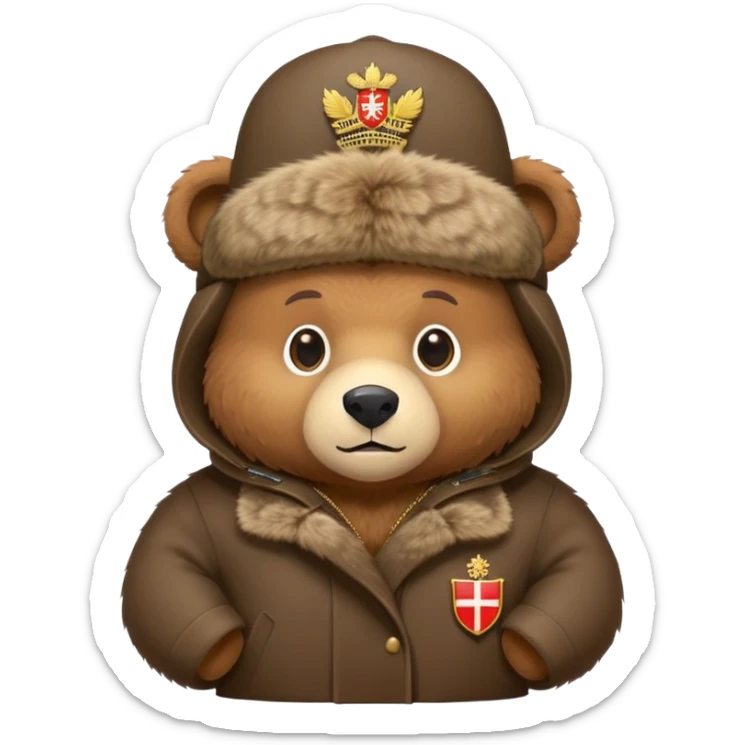 Cute brown bear in Russian fur ushanka hat with coat of arms pin, front view, iOS emoji style sticker