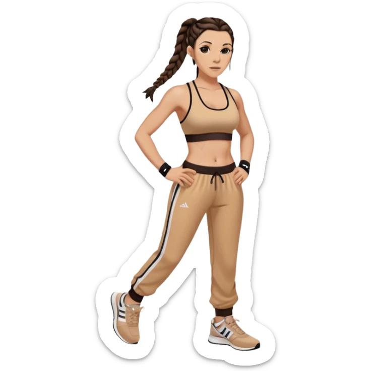 Melanie chisholm with two dark brown french braids, wearing a sports bra and track pants with sneakers sticker