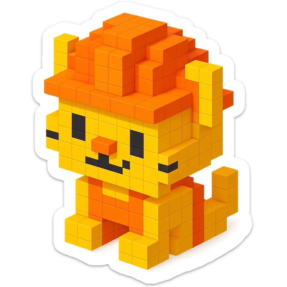 worker cat wearing an orange helmet in voxel style sticker