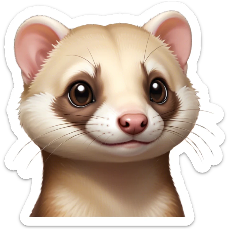 Cinematic Cute sable ferret Portrait Emoji, Head tilted playfully, with an elongated, flexible body and a characteristically curious expression, featuring a short, pointed snout, bright, sparkling eyes, and soft fur in warm brown and cream tones, Simplified yet irresistibly adorable features, highly detailed, glowing with a warm, friendly glow, high shine, affectionate and lively, stylized with a touch of whimsical mischief, soft glowing outline, capturing the essence of a fun-loving and mischievous sable ferret that feels like it could scamper straight into your heart! sticker