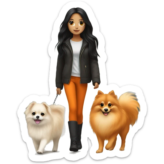 pale girl with long black hair walking with orange pomeranian sticker