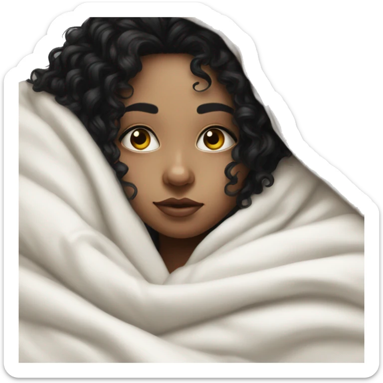 Pale girl with black hair curly laying down cozy in a white blanket  sticker