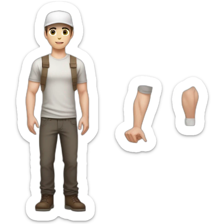 Pale skinned fit Man with dark brown hair in a light gray cap, dark brown jeans, brown polo and white T-shirt keeping a pasted with tape white box into his hands sticker