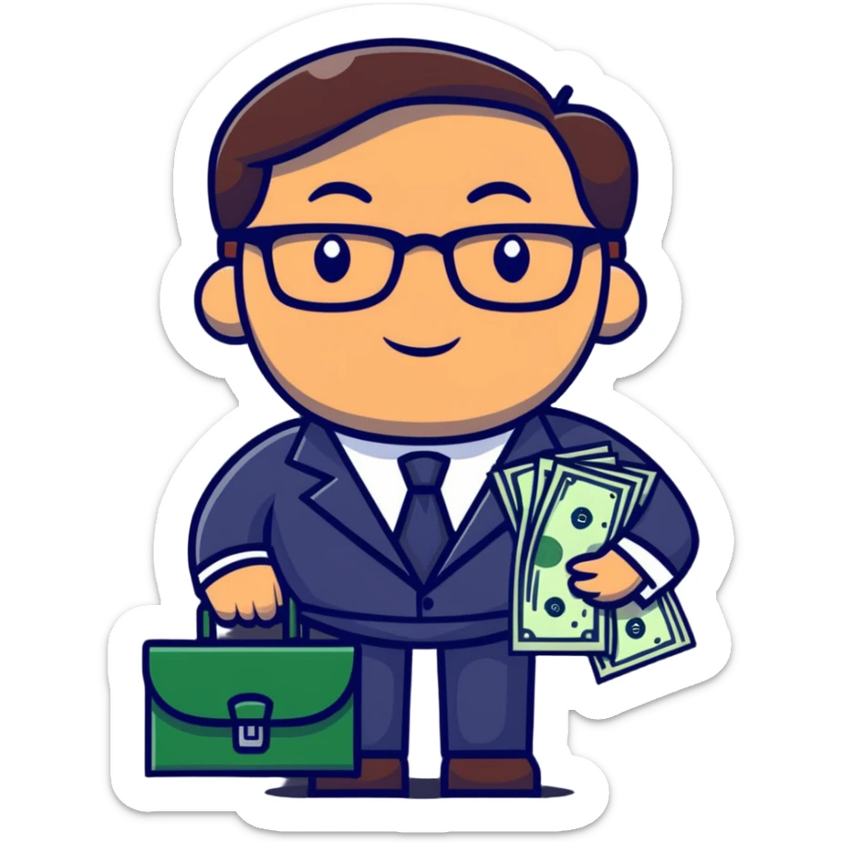 businessman in suit and glasses with an open briefcase full of dollar bills sticker