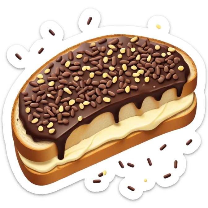Hagelslag Cinematic Realistic Hagelslag Treat Emoji, depicted as crunchy chocolate sprinkles scattered on a slice of buttered bread, rendered with vivid textures and playful, inviting lighting. sticker