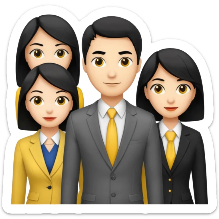 4 people, two man and two women,yellow skin office style,black hair, Half-body photo sticker