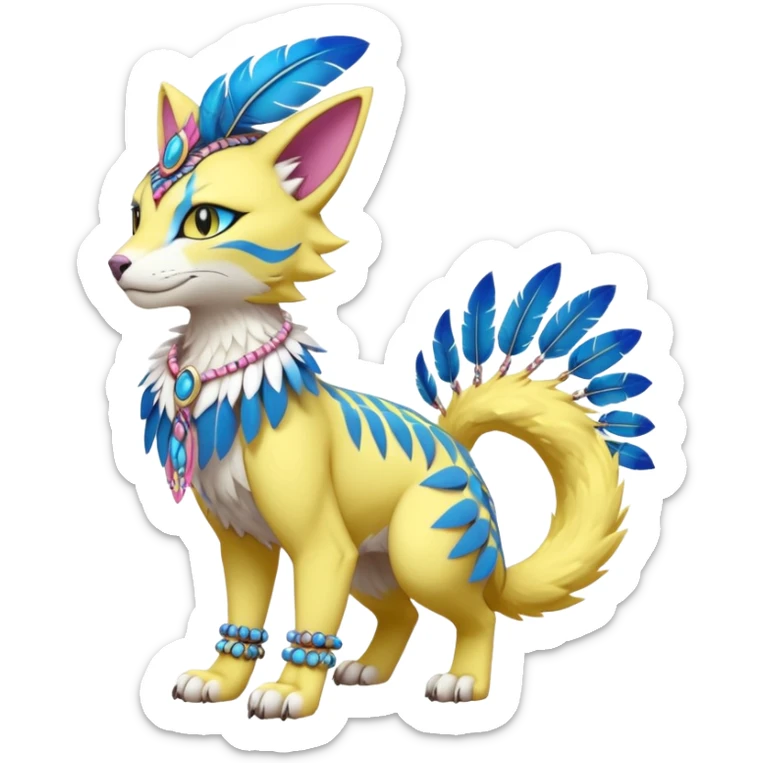 Kawaii cute yellow, blue, pink, exotic tribal beautiful pretty elegant divine edgy feline-vernid-sergal-Fakémon-Pokémon-Digimon-fursona-animal-creature with bracelet, necklace, full body, with intricate detailed markings, feather headdress  sticker