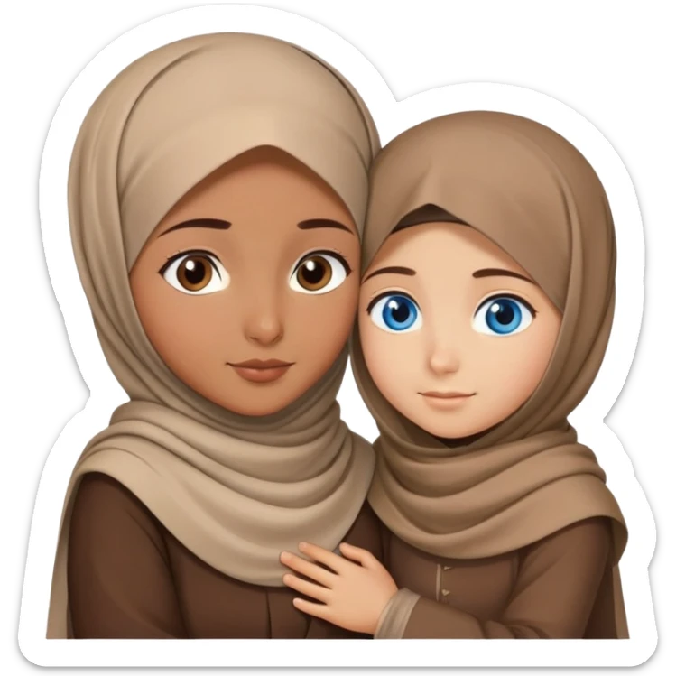 Turkish beautiful finish Konya girl blue eyes with brown beige hijab islamic dress and hugs with brother  sticker
