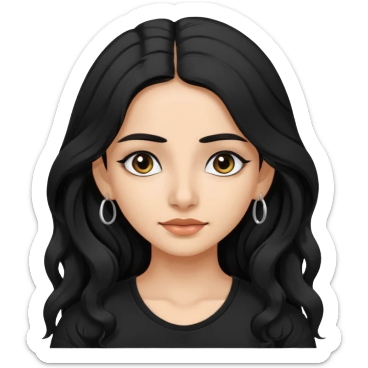 a pretty FAIR indian bratz girl with wavy long black hair, wearing a black tshirt, eyeliner on. no earrings sticker