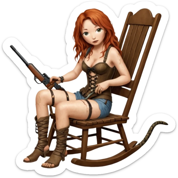 cinematic ultra HD Tori Amos casually crouches on a rocking chair in a torn corset, holding ashotgun and with muddy feet. a bronze snake wrapped itself around the chair sticker