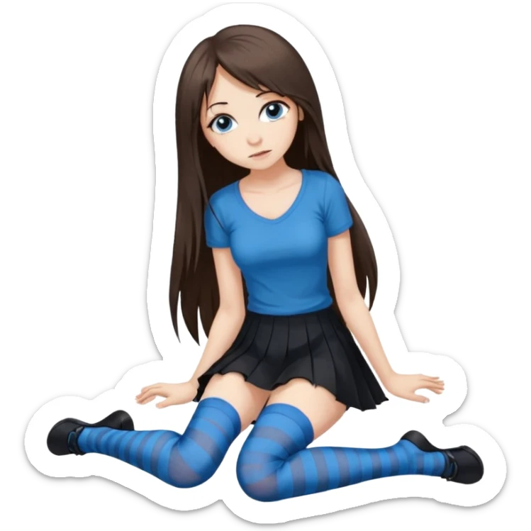 brunette buxom super long hair blue eyes full body Front view emo girl sits on the floor black skirt torn striped stockings sticker