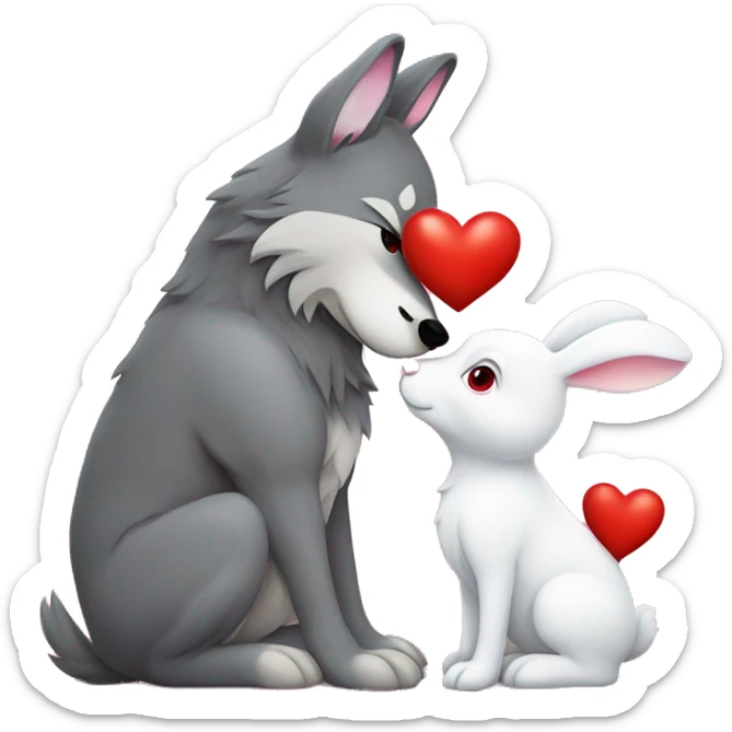 Old big Wolf kisses a white little Bunny who has pink ears, with big red heart between them sticker