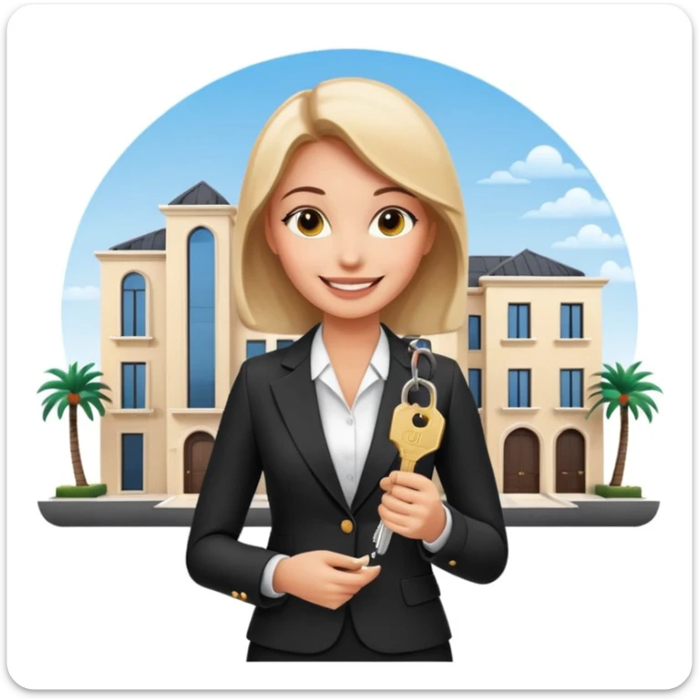 woman in an elegant suit, holding house keys, smiling, with a modern Dubai-style townhouse in the background sticker
