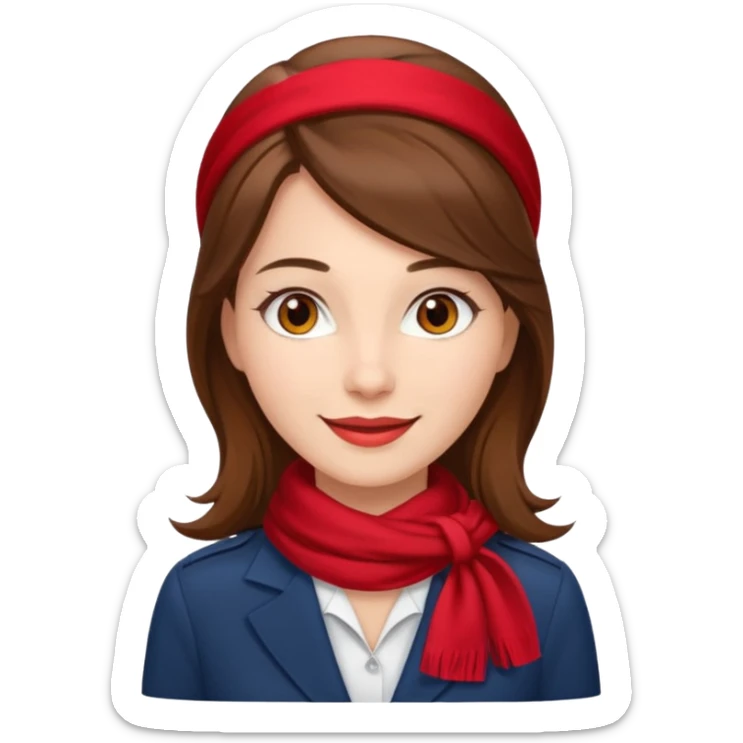 Female flight attendant, with red scarf, white shirt, long brown hair, brown eyes, iOS emoji-type face, fair skin,  sticker